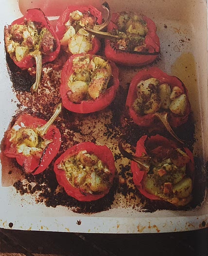 Stuffed peppers with new potatoes, feta and pesto