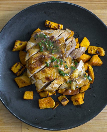 Crispy Chicken Thighs with Roasted Sweet Potatoes — Ethan