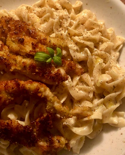 Creamy pasta with crunchy chicken tenders