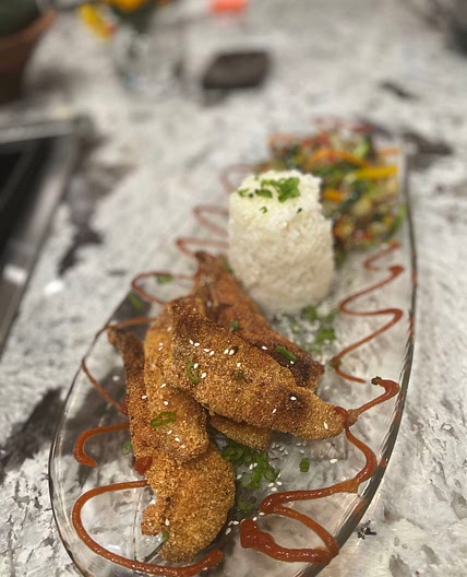 Pacific Rim Stir fry with sesame battered catfish