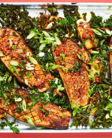 Miso aubergines with tofu, sesame and chilli