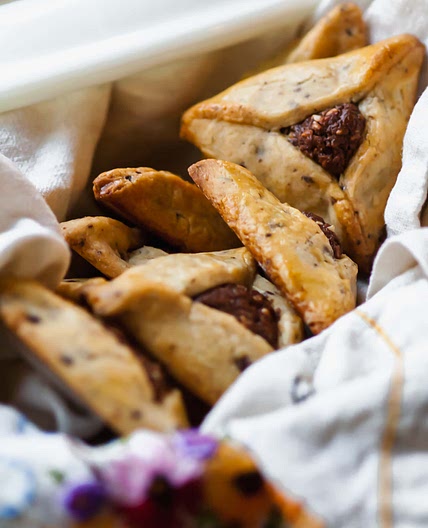 chocolate and rosemary hamantaschen with halva ganache