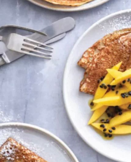 Cardamom pancakes with mango and passion fruit  