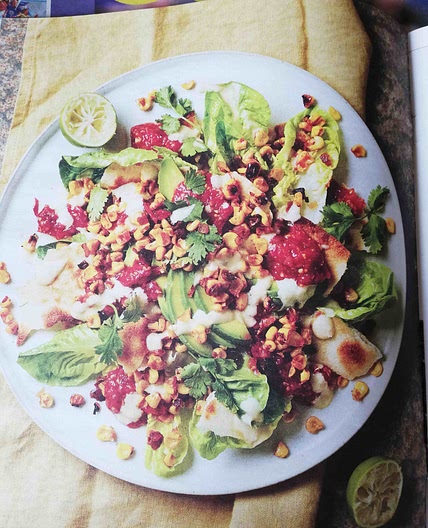 Grilled corn salad, tahini crema and crispy tortillas