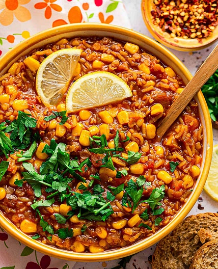 Spicy tomato sweetcorn soup - easy vegan recipe