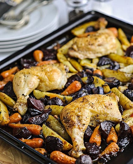 One pan chicken, beetroot, potatoes and carrots