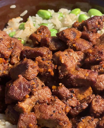 Spicy Beef on Rice and Edamame