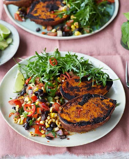 Mexican roasted sweet potatoes, black bean and corn salsa, avocado