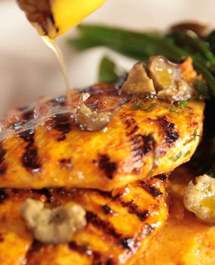 Lemon chicken with smashed sweet potato
