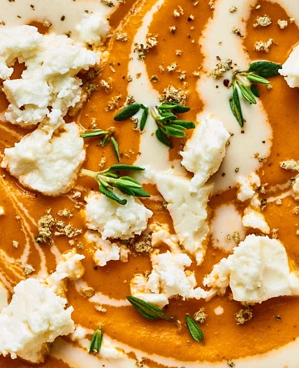 Creamy Roasted Red Pepper Soup with Tahini and Feta