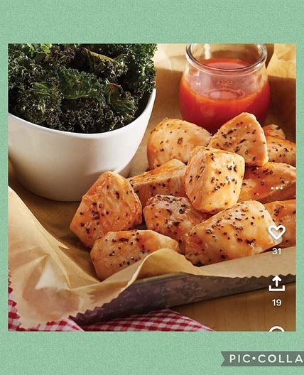 Chicken Nuggets with Buffalo Sauce and Kale Chips