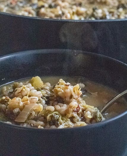 Savoy cabbage, barley and parmesan soup