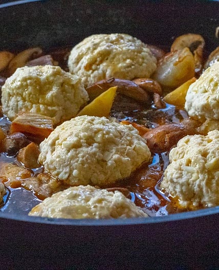 Celeriac, mushroom and beer casserole with cheesy dumplings