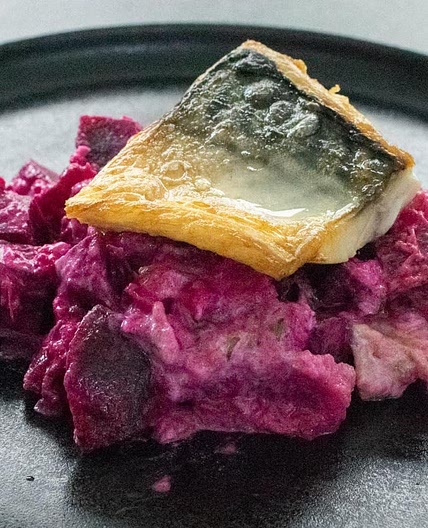 Mackerel fillet with beetroot, bramley apple and horseradish
