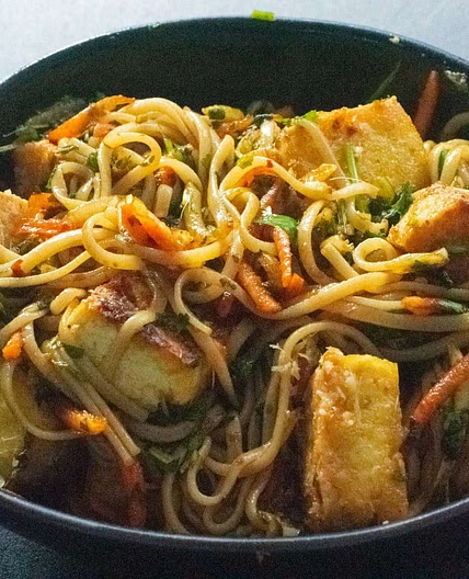 Lemongrass tofu with warm noodle salad
