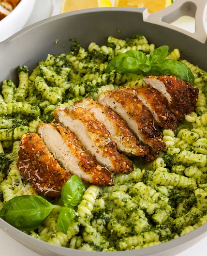 Pesto Pasta with Crispy Parmesan Chicken