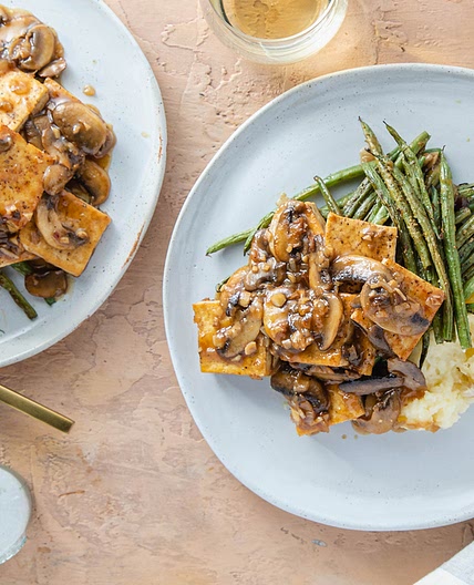 Tofu Marsala with Roasted Mustard Herb Green Beans & Buttery Mashed Potatoes