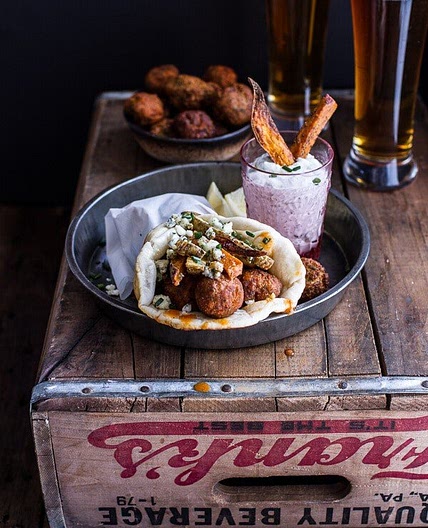 Buffalo Falafel and Garlic Blue Cheese Fry Pita’s w/Ranch Style Tzatziki