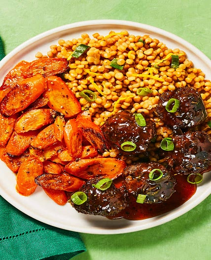 Tunisian-Spiced Meatballs with an Apricot Glaze, Roasted Carrots & Scallion Couscous