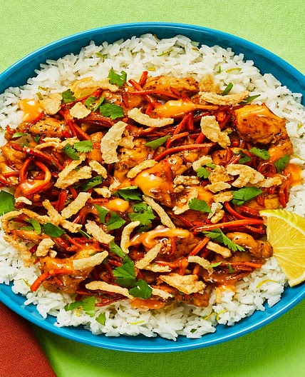 Sesame Soy Chicken Bowls with Chili Mayo, Cilantro & Crispy Onions