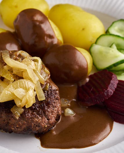 Danish beef patties with caramelized onions