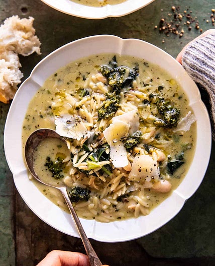 Creamy White Bean Lemon Pesto Orzo Soup