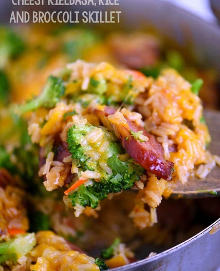 Cheesy Kielbasa, Rice and Broccoli Skillet