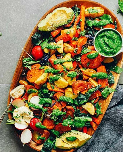 Roasted Vegetable Salad with Magic Green Sauce