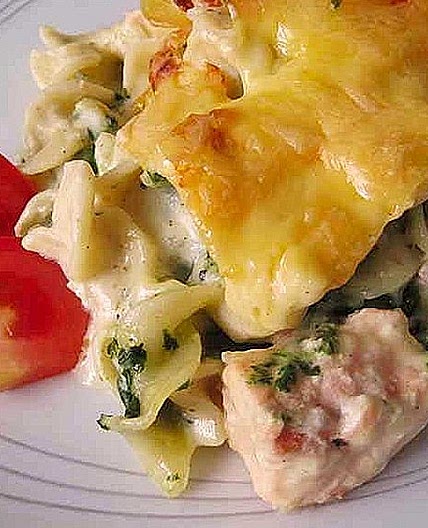 Lachs - Spinat Nudelauflauf in Senfsauce