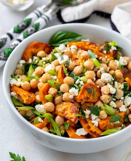 Roasted Sweet Potato Chickpea Feta Salad