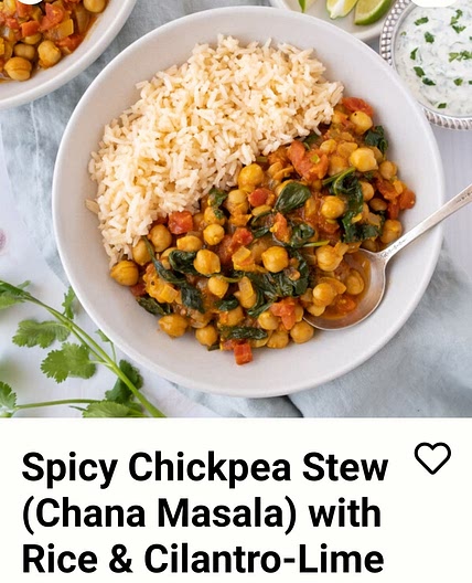 Spicy chickpea stew (Chana Masala) with rice and cilantro lime Raita