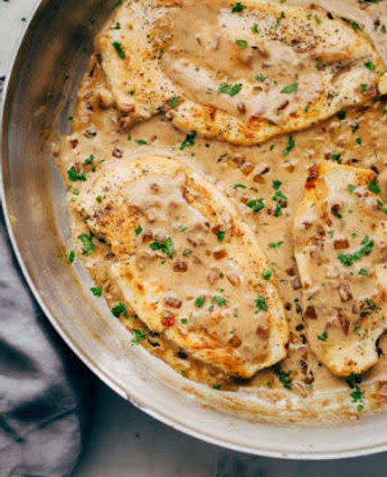 Skillet Chicken in Balsamic Caramelized Onion Cream Sauce