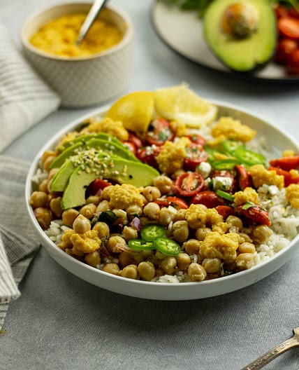 Greek Marinated Chickpea Rice Bowl
