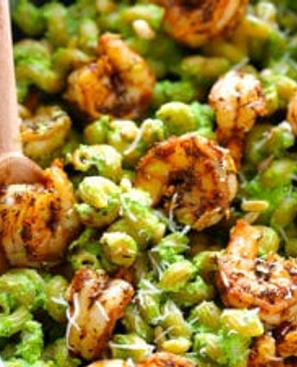 Asparagus-Spinach Pesto Pasta with Blackened Shrimp