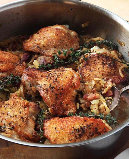 Crispy Braised Chicken Thighs With Cabbage and Bacon Recipe