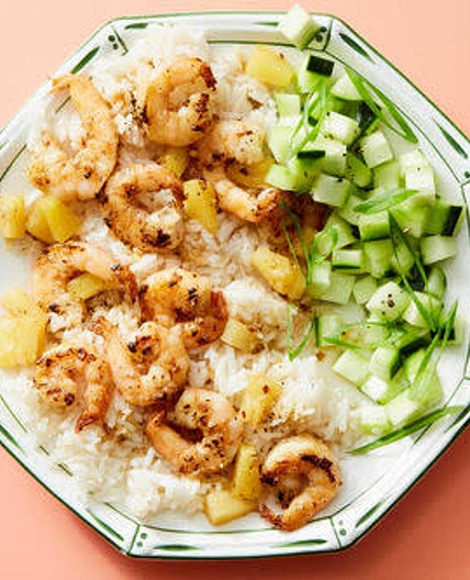 Jerk Shrimp with Coconut rice and Cucumber Relish