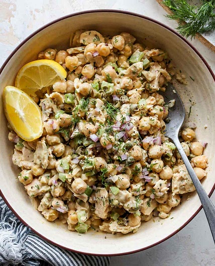 Chickpea Tu-No Salad with Cherry Tomato, Cucumber & Yam Chowder