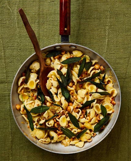 Caramelised onion orecchiette with hazelnuts and sage