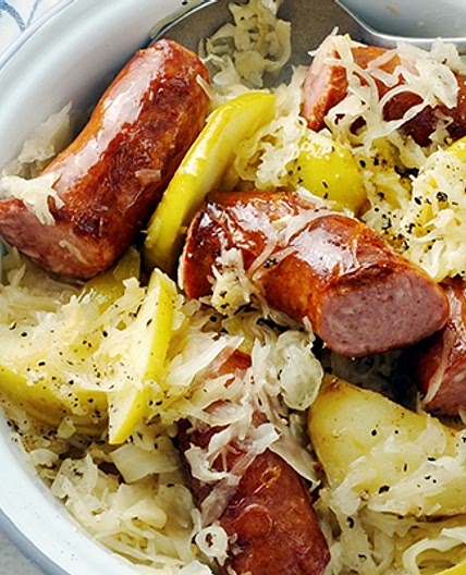 Kielbasa with Roasted Apple, Kraut, and Mustard Glaze