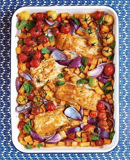 Tandoori-style Salmon with Spiced, Roasted Sweet Potatoes, Tomatoes and Red Onion