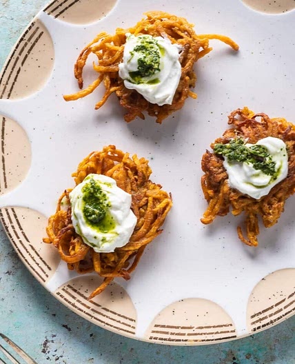 Curried Sweet Potato Latkes with Cilantro Mint Chutney