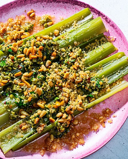 Braised Celery With Olives, Pine Nuts and Breadcrumbs