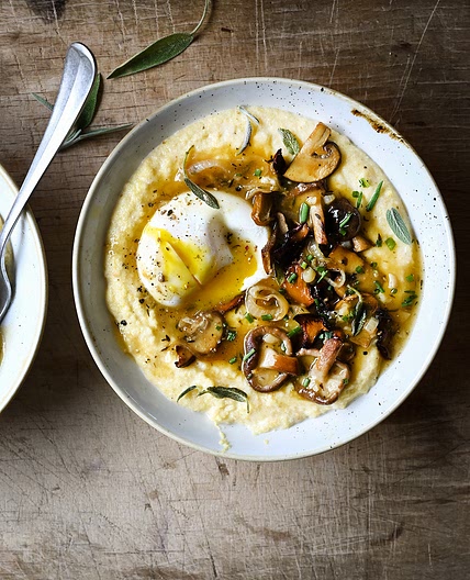 Creamy Parmesan polenta with beer sautéed mushrooms
