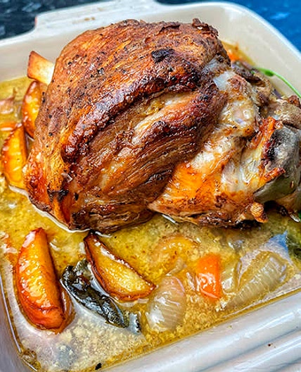 Bone-in Sage and Cider Pork Shoulder with Candied Buttered Apples