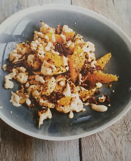 Griddled Cauliflower with orange, pecans and tahini