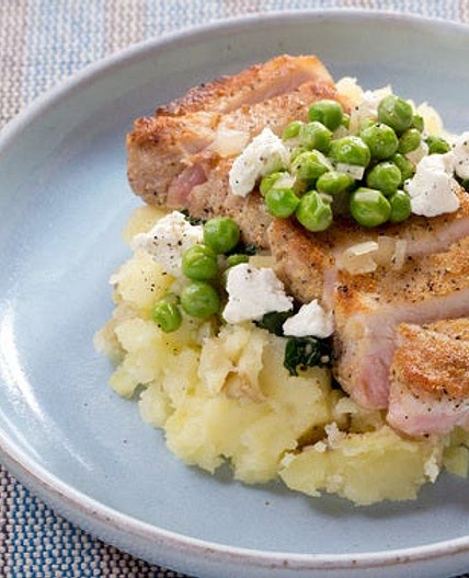 Spiced Pork Chops & Mashed Potatoes with Kale, English Peas & Goat Cheese