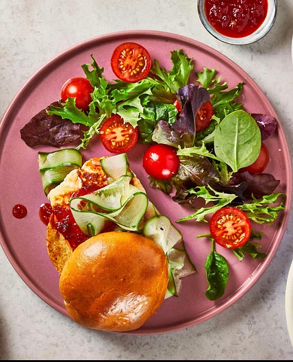 Sweet Chilli Halloumi Burger With Pickled Cucumber