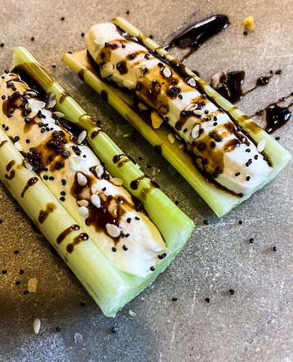 Balsamic Glazed Cream Cheese Celery with Everything Bagel Seasoning