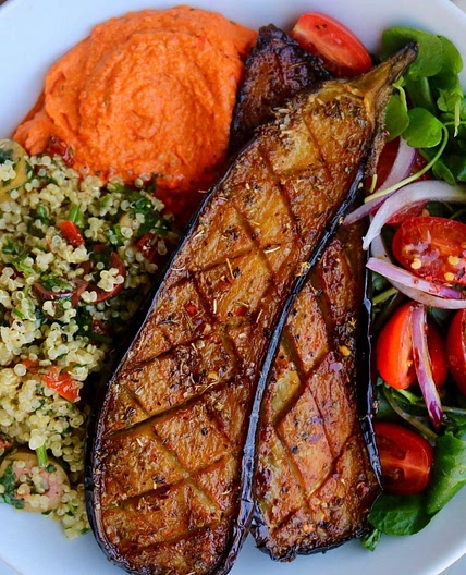 Harissa pepper hummus, tomato & olive quinoa, Aubergine bowl