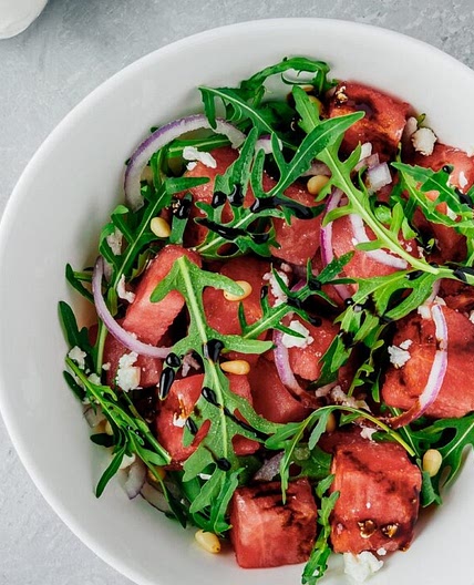 Arugula and Watermelon Salad with Red Onion, Feta and Pine Nuts